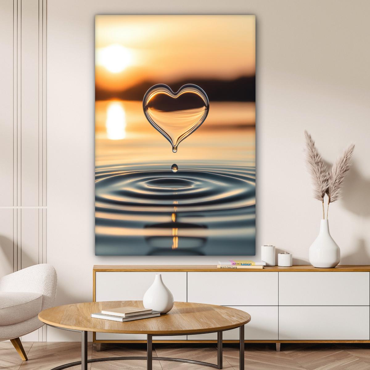 LEINWANDBILD Herz - Wasser - Sonnenuntergang - Natur - Zen Deko XXL 80x120 cm - Bernsteinfarben, Textil (80/120cm) - MuchoWow