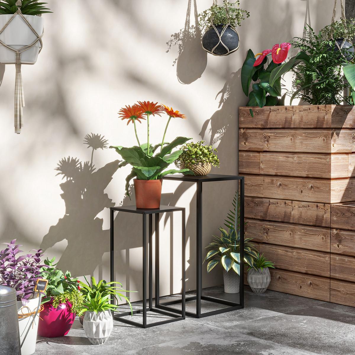 BLUMENSTÄNDER 2er Set Stahl Schwarz - Schwarz, Metall (31/31/65cm) - Outsunny