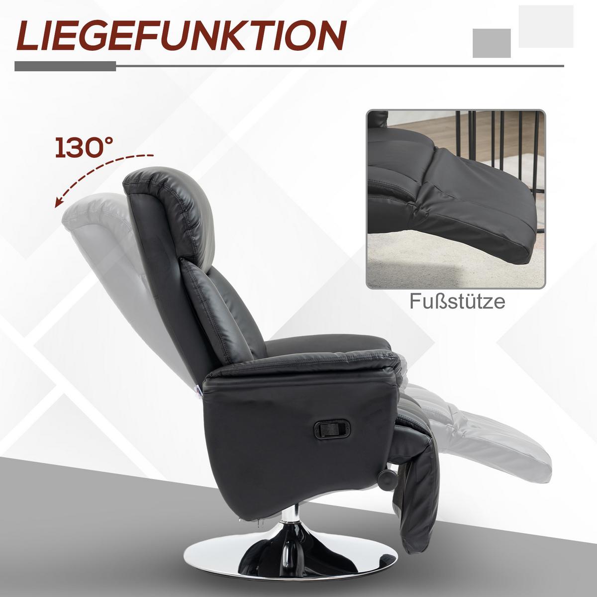 RELAXSESSEL Fernsehsessel mit Manuell Verstellbar Rückenlehne, Fußteil Schwarz - Schwarz, Leder (78/109/80cm) - HOMCOM