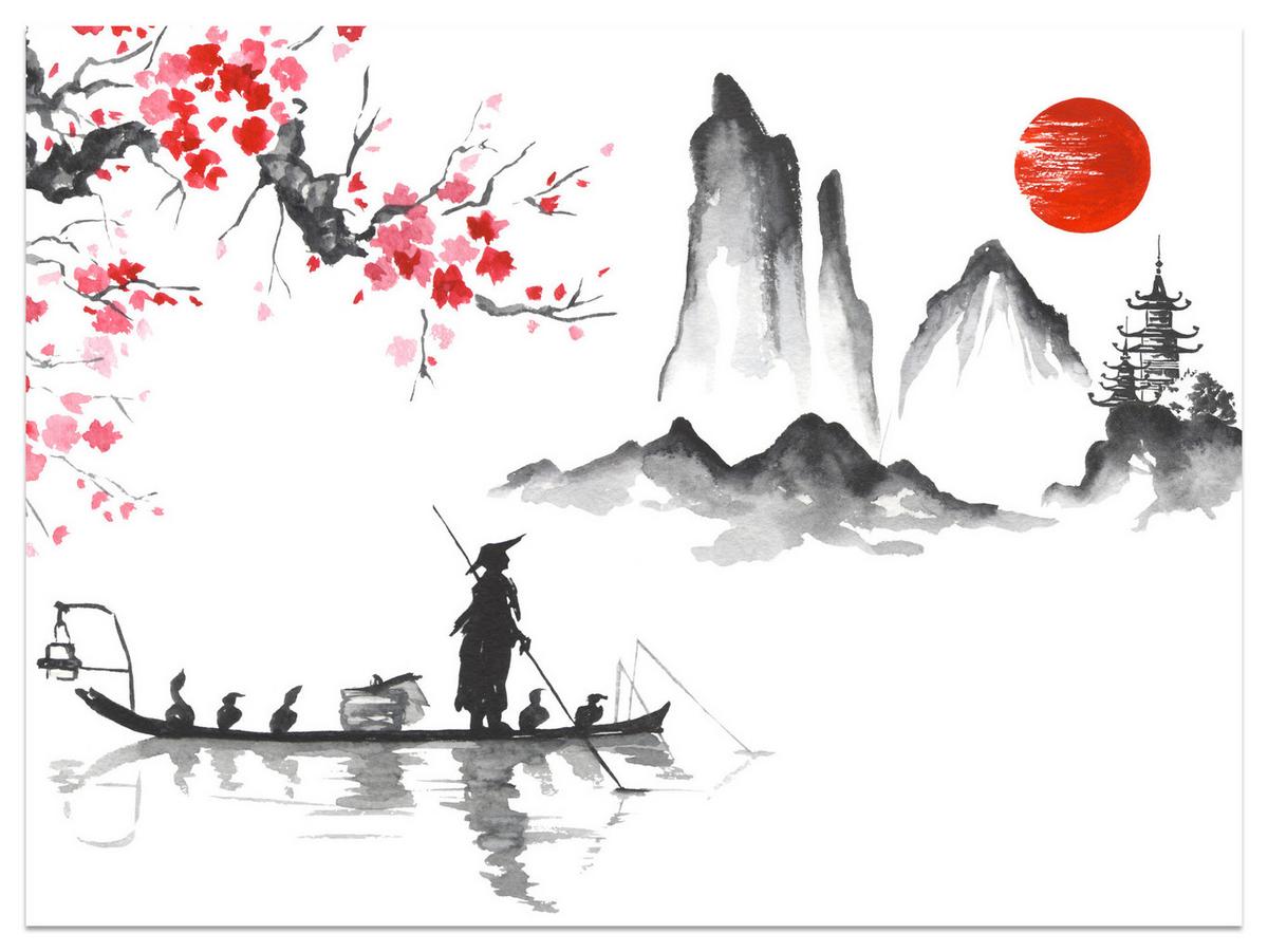 FOTOTAPETE Japanische Landschaft Aquarell 200x140 - Rot/Schwarz, Papier (200/140cm) - Muralo