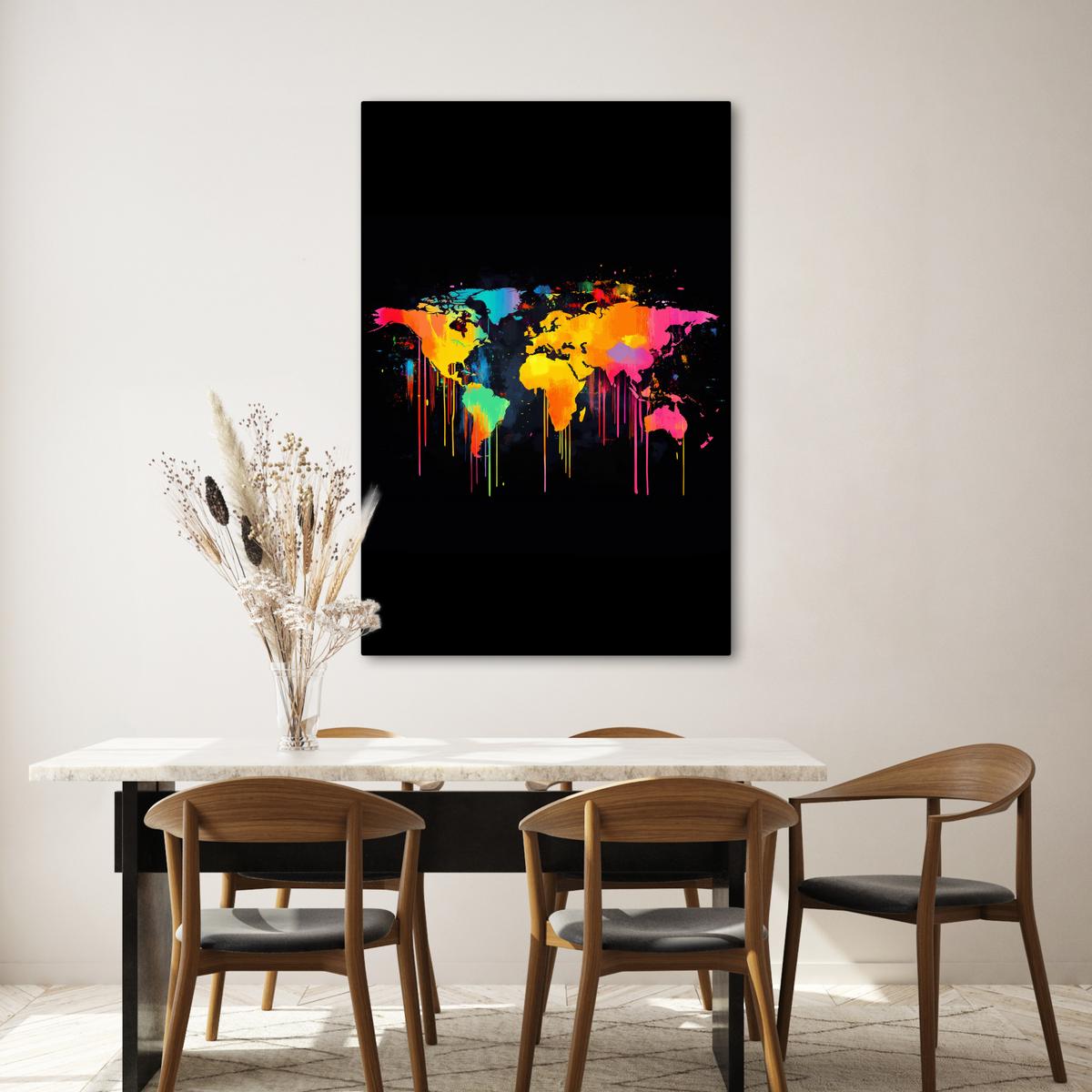 LEINWANDBILD Weltkarte - Farbe - Bunt - Graffiti - Welt Deko XXL 80x120 cm - Multicolor, Textil (80/120cm) - MuchoWow