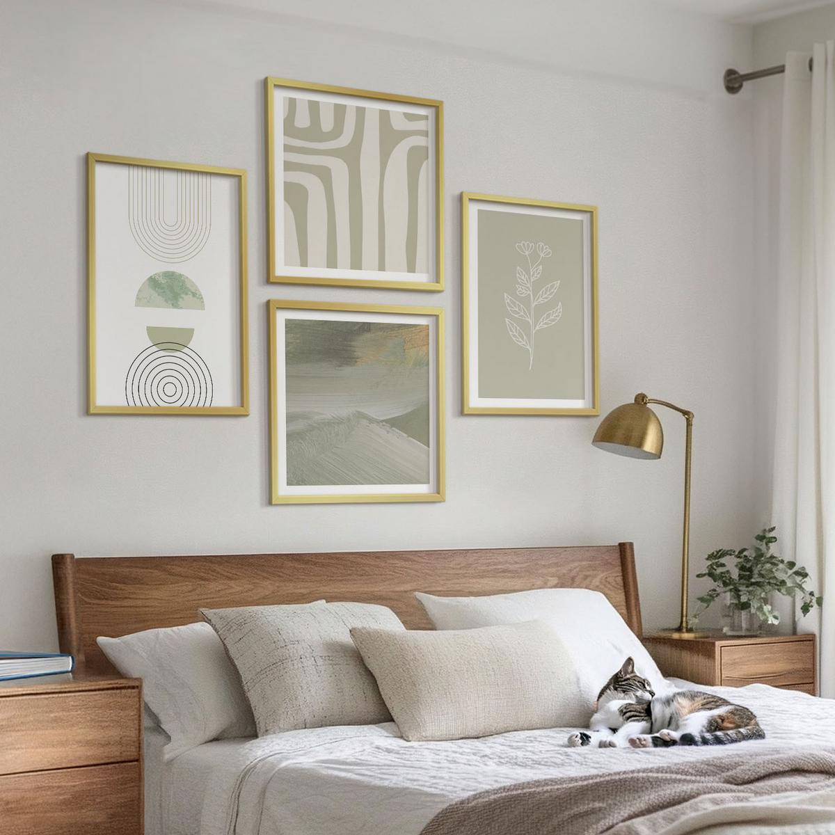BILDER SET 4er Set - 50x50 cm & 40x60 cm Goldrahmen - Geometrische Pflanzenmuster - Goldfarben, Kunststoff (50/50cm) - TULUP