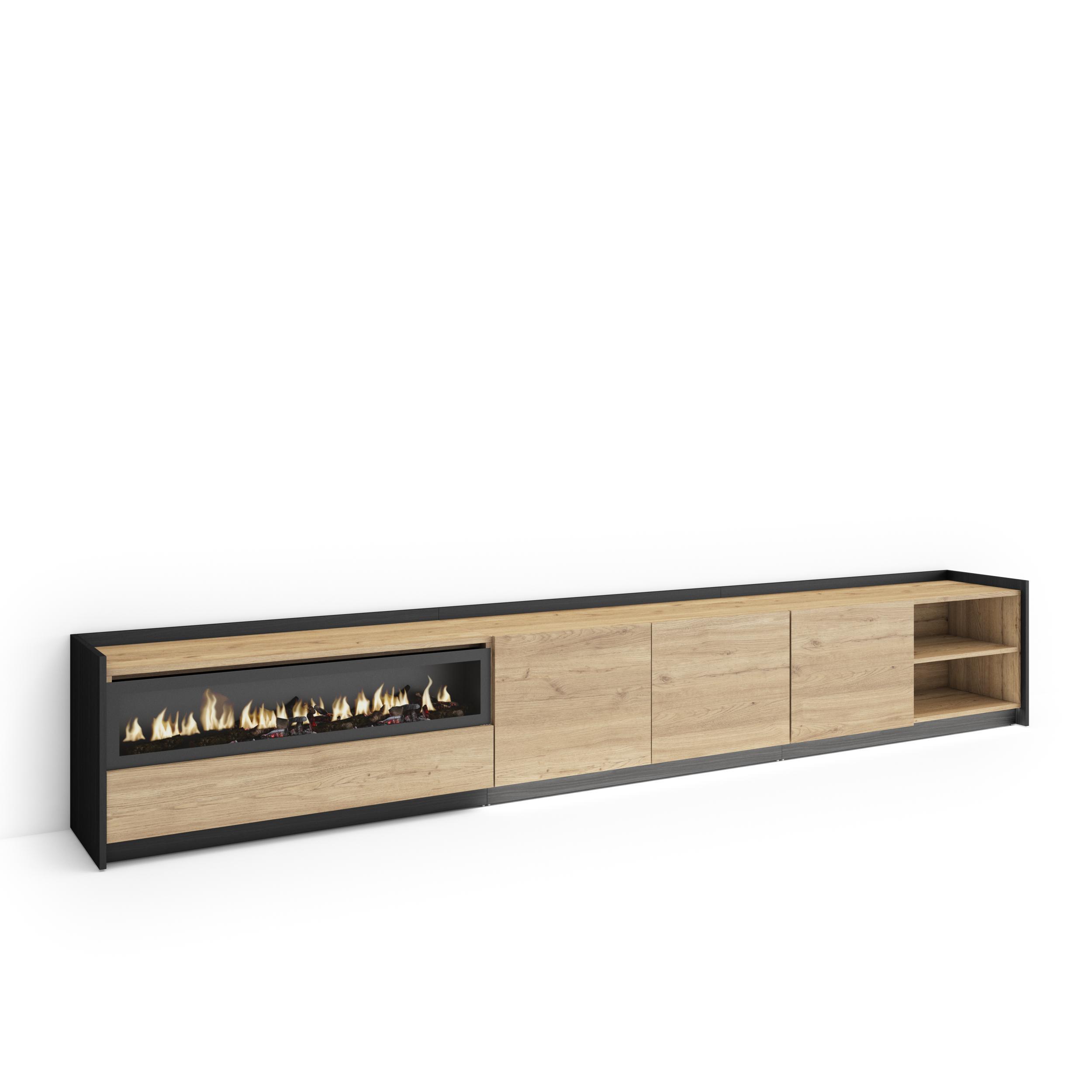 LOWBOARD, Eiche und Schwarz, 310/37/50cm, Kamin mit Feuereffekt - Eichefarben, Holzwerkstoff (310/50/37cm) - Skraut Home