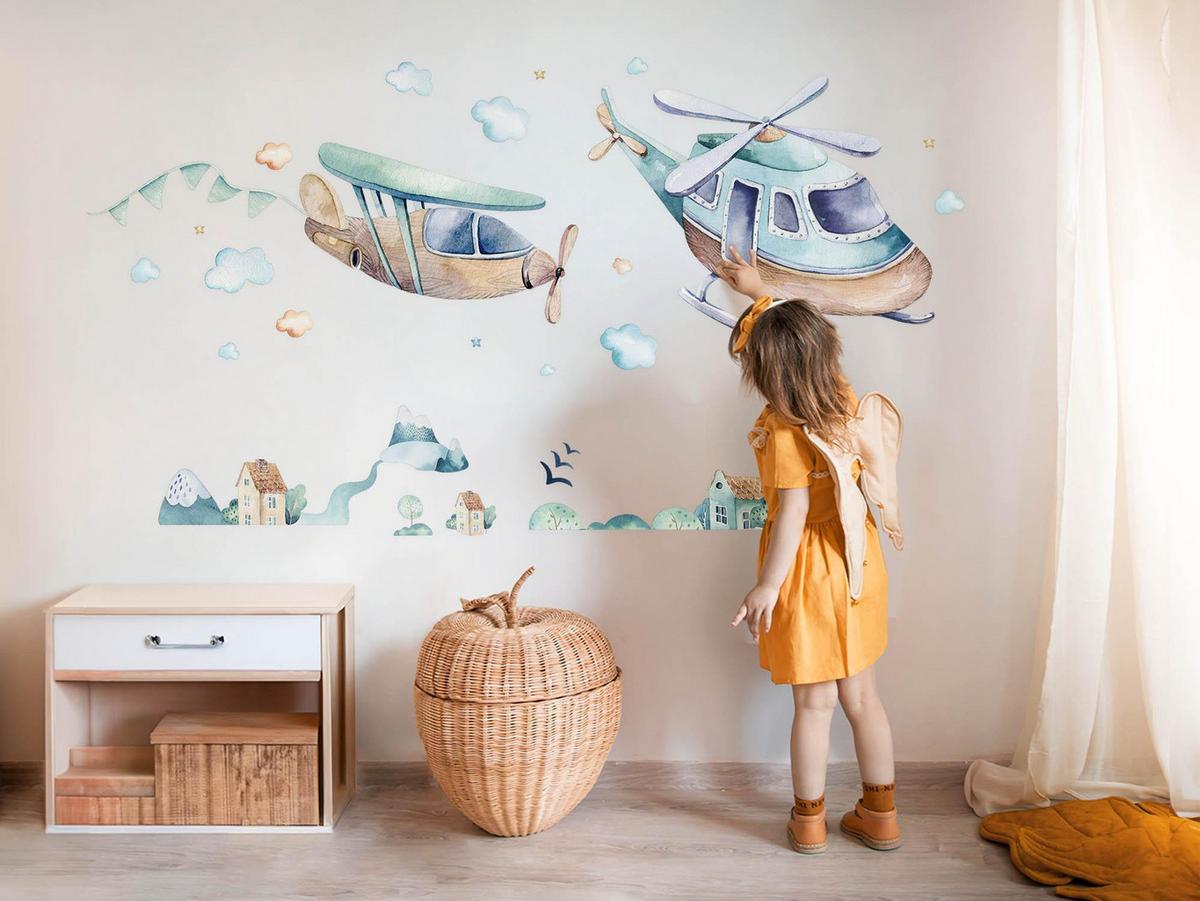 WANDAUFKLEBER 80x116cm - Hubschrauber und Flugzeug - Multicolor, Kunststoff (80/116/0.1cm) - Wallfluent