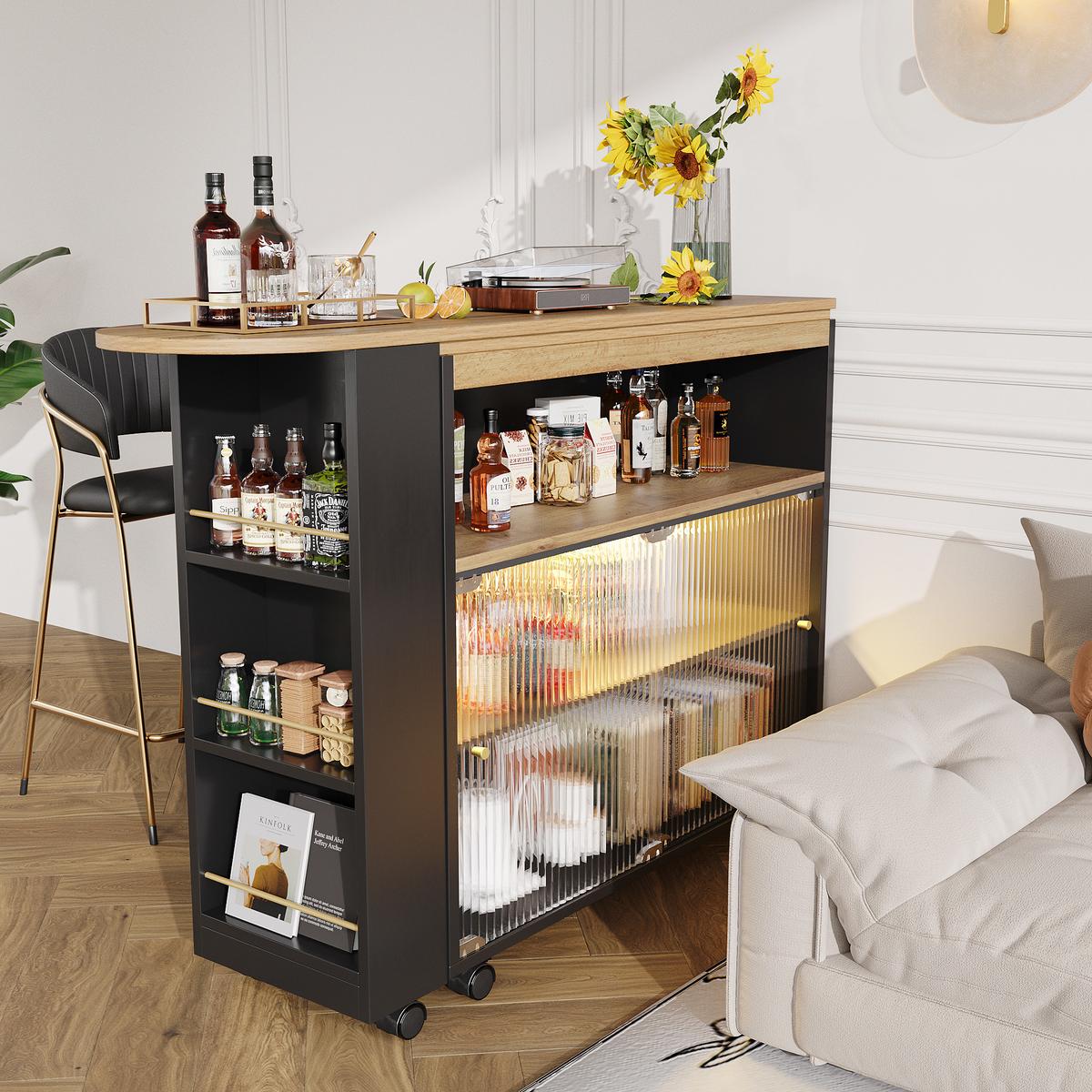 BARTISCH ausziehbar mit led & rollen - Schwarz, Holzwerkstoff (39/138/105cm) - Urban Meuble