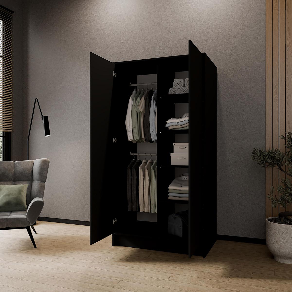DREHTÜRENSCHRANK Gava mit zwei, glatten Türen, Schwarz - Schwarz, Holzwerkstoff (100/200/51cm) - Beautysofa