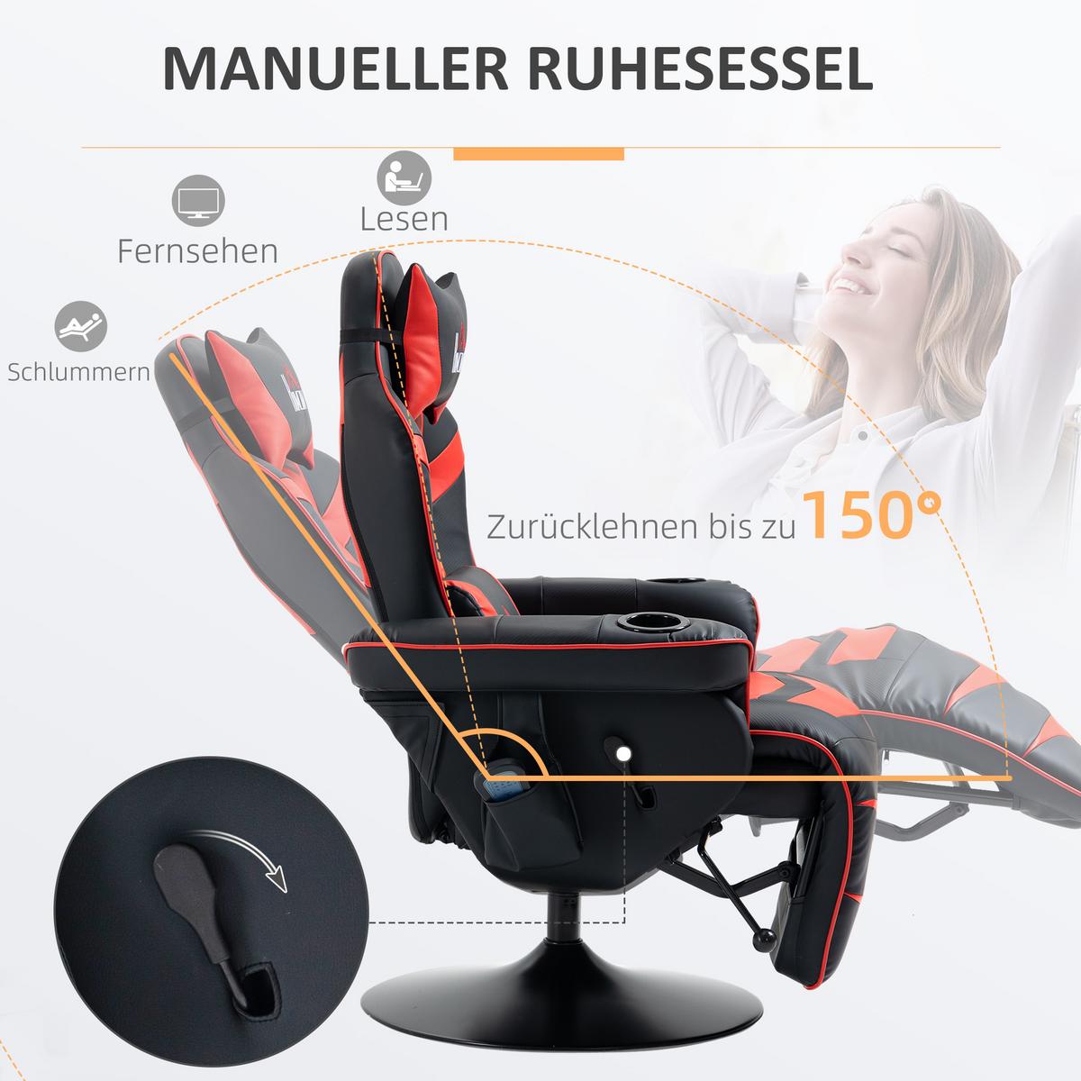 RELAXSESSEL mit Massagefunktion, Elektrisch Fernsehsessel mit Liegefunktion - Rot/Schwarz, Leder/Metall (80/111.5/78cm) - HOMCOM