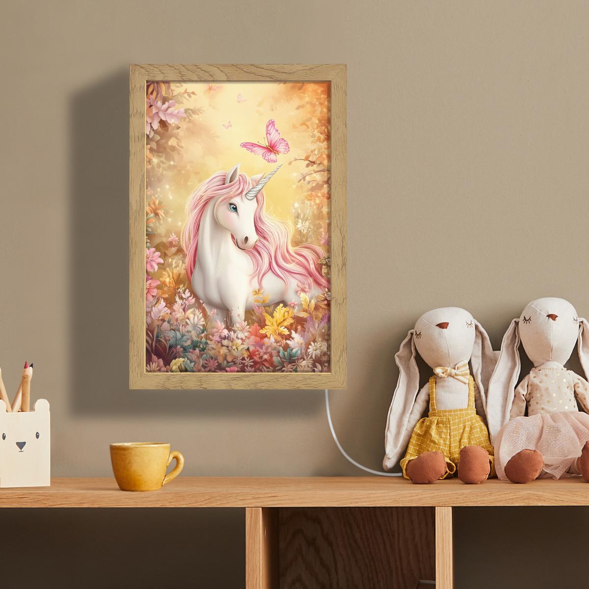 WANDLEUCHTE Einhorn - Blumen - Schmetterling - Rosa 20x30 cm - Beige, Holzwerkstoff (20/30/8cm) - OnlyWow
