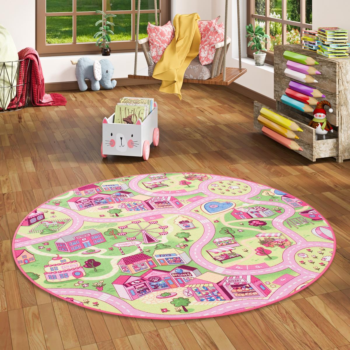KINDER SPIEL TEPPICH GIRLS VILLAGE RUND - Rosa, Textil (133/133cm) - Snapstyle