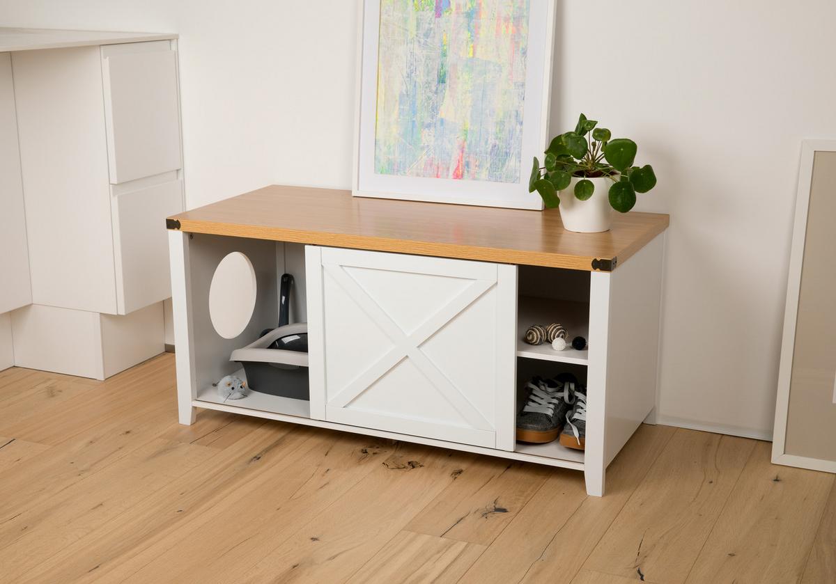 KATZENSCHRANK groß für Katzentoilette XXL aus Holz, mit Schuhschrank & Sitzkommode - Weiß, Holz (110/55/50cm) - needs&wants