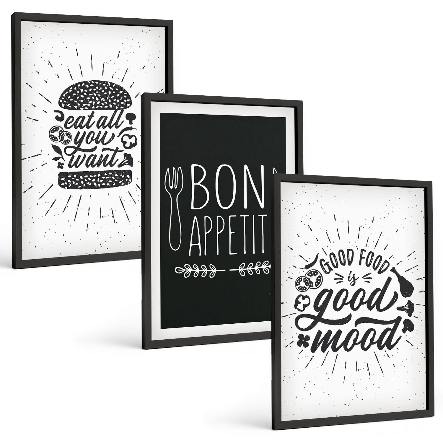 BILDER SET 3er Set - 40x60 cm Schwarzer Rahmen - Grafiken, Lebensmittel, kulinarische Slogans - Schwarz, Kunststoff (40/60cm) - TULUP