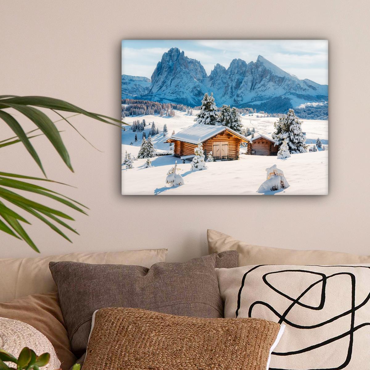 LEINWANDBILD Winter - Hütte - Berge - Aussicht - Schnee Wandbild 40x30 cm - Eichefarben, Textil (40/30cm) - MuchoWow