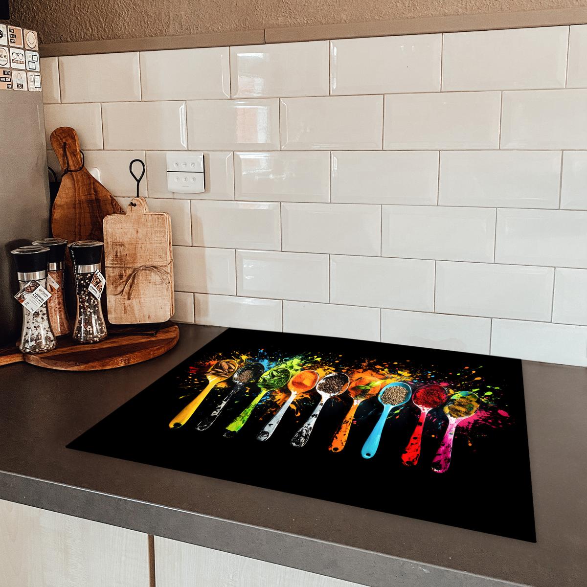 HERDABDECKPLATTE Löffel - Gewürze - Modern - Graffiti - Farbe - Farbenfroh Herdabdeckung Induktionsfeld 65x52 cm - Multicolor, Kunststoff (65/52/0.2cm) - MuchoWow