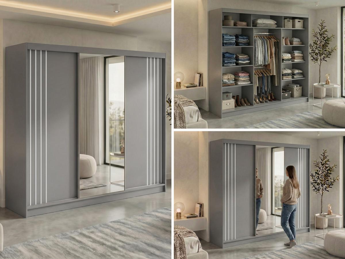 SCHWEBETÜRENSCHRANK mit Lamellen und Spiegel DIANA - 240 - Grau und Weiß - Alufarben/Weiß, Holzwerkstoff/Metall (240/216/61cm) - MKS