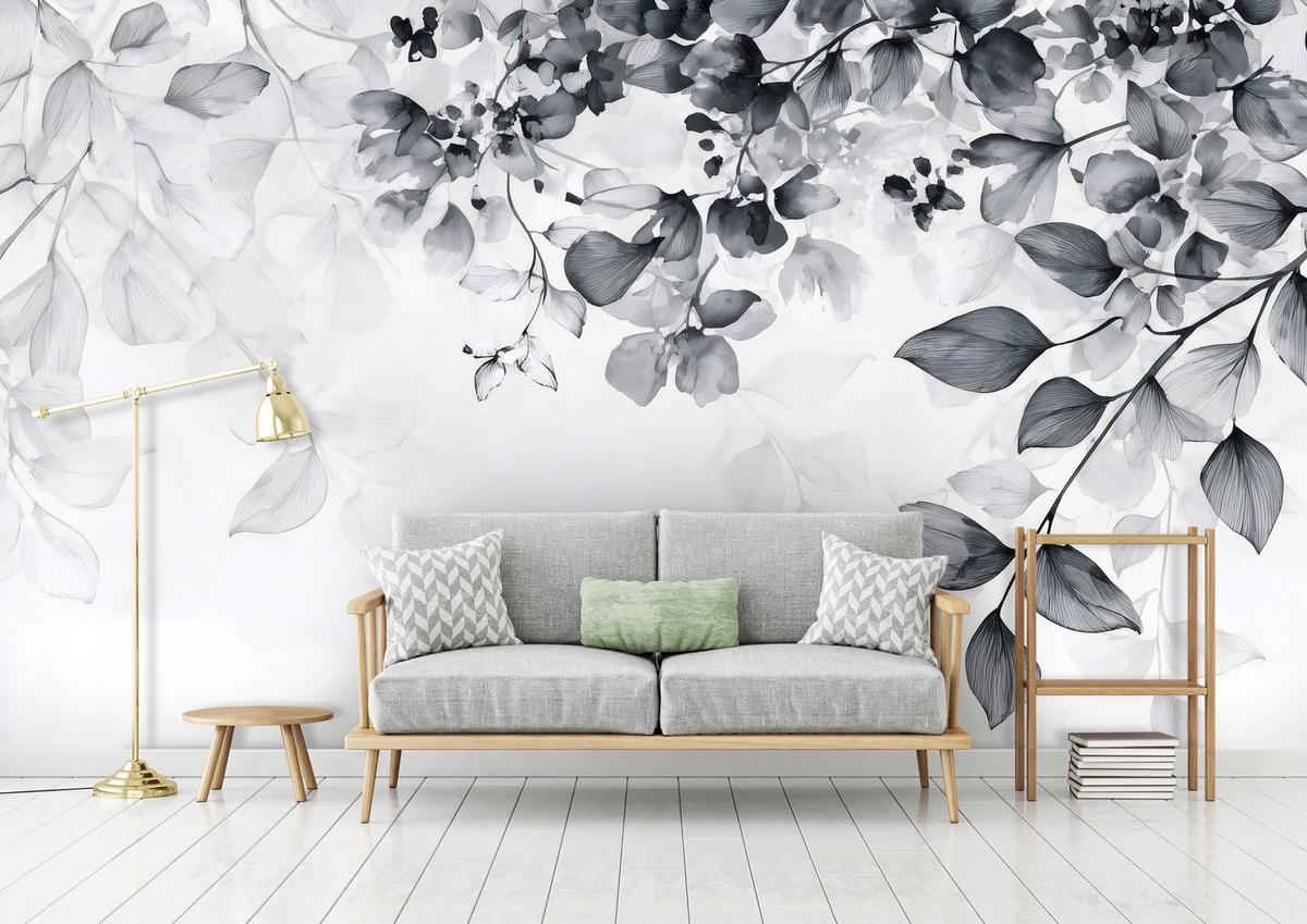 FOTOTAPETE Blätter Schwarz und Weiß Wohnzimmer 350x250 - Weiß, Papier (350/250cm) - Wallarena