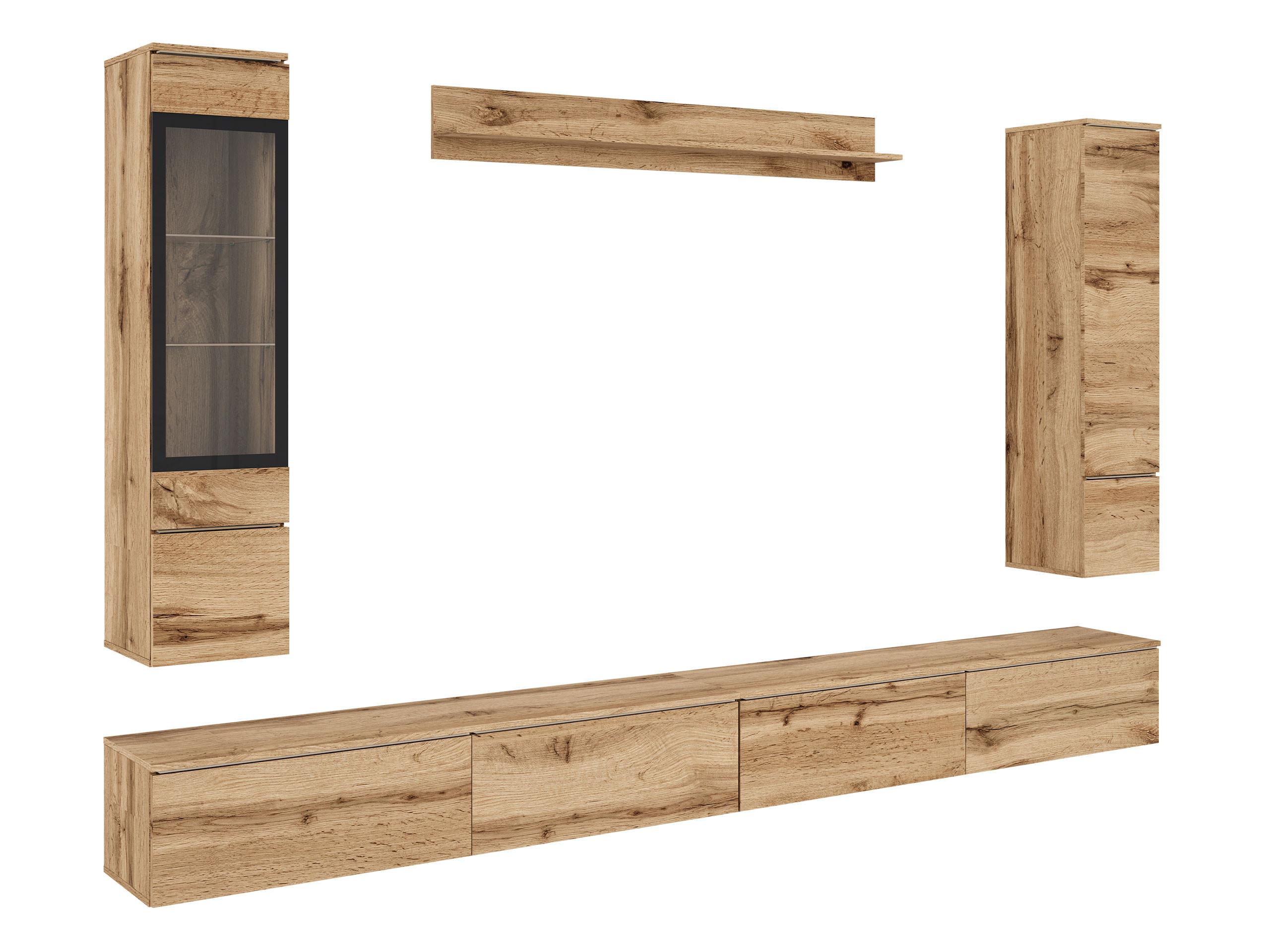 WOHNWAND Vera VIII mit weißer LED Beleuchtung - Eiche Wotan/Silberfarben, Holzwerkstoff/Kunststoff (300/130/33cm) - MIRJAN24