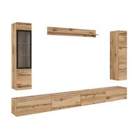 WOHNWAND Vera VIII mit weißer LED Beleuchtung - Eiche Wotan/Silberfarben, Holzwerkstoff/Kunststoff (300/130/33cm) - MIRJAN24