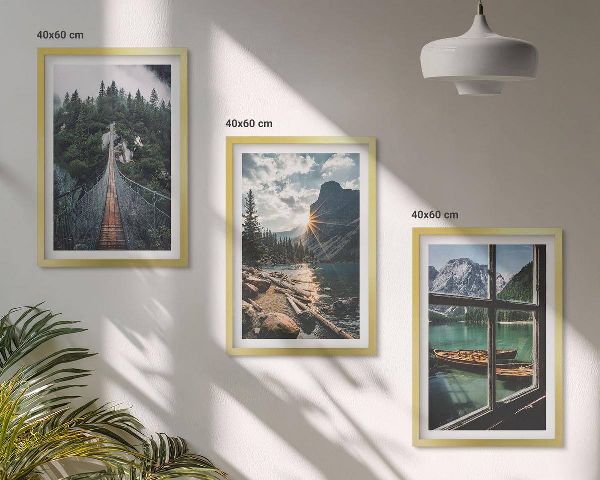 BILDER SET 3er Set - 40x60 cm Goldrahmen - Brücke, Wald, See, Boote, Berge - Goldfarben, Kunststoff (40/60cm) - TULUP