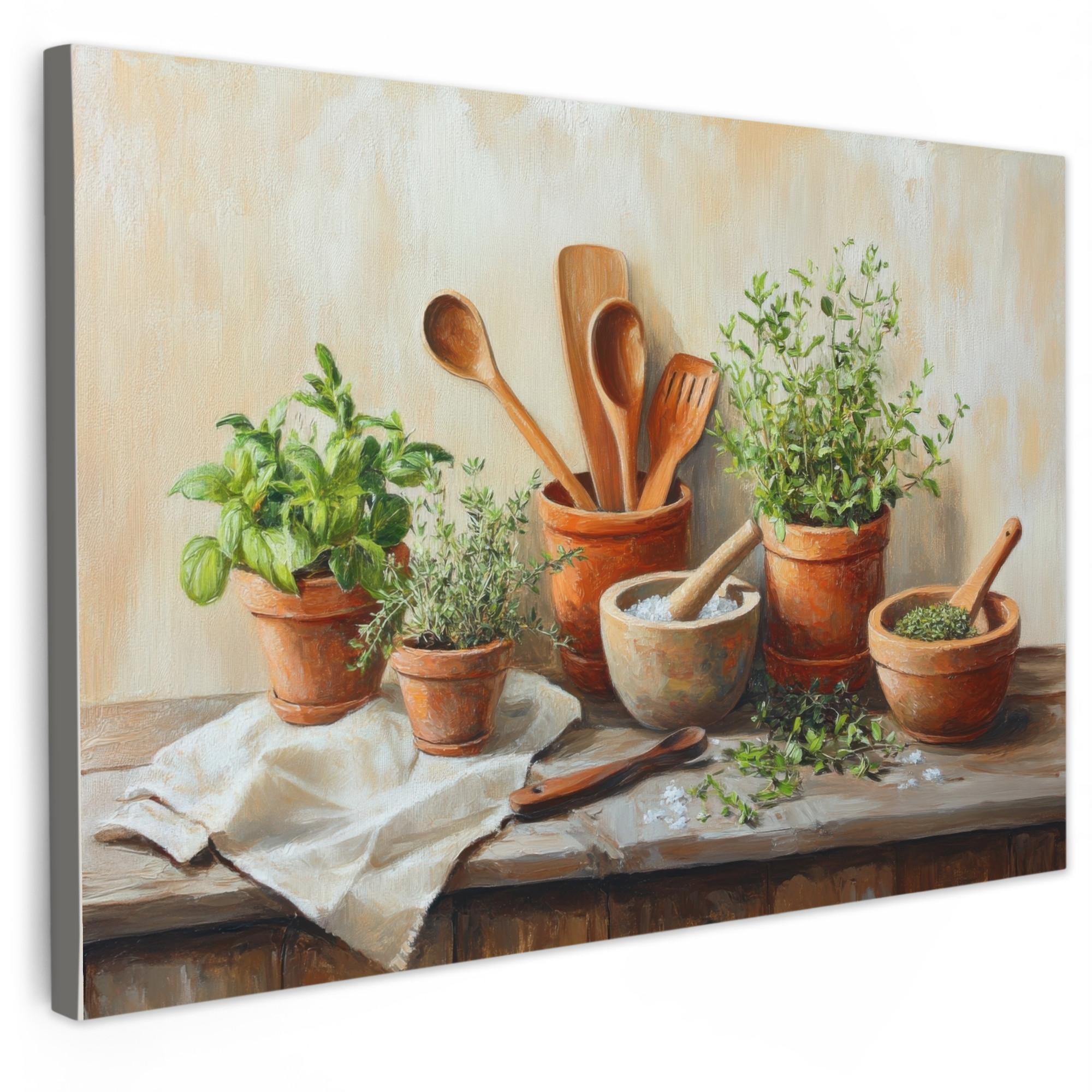 LEINWANDBILD Töpfe - Kräuter - Holz Wanddeko 90x60 cm - Terracotta, Textil (90/60cm) - MuchoWow
