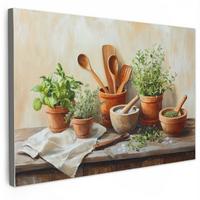 LEINWANDBILD Töpfe - Kräuter - Holz Wanddeko 90x60 cm - Terracotta, Textil (90/60cm) - MuchoWow