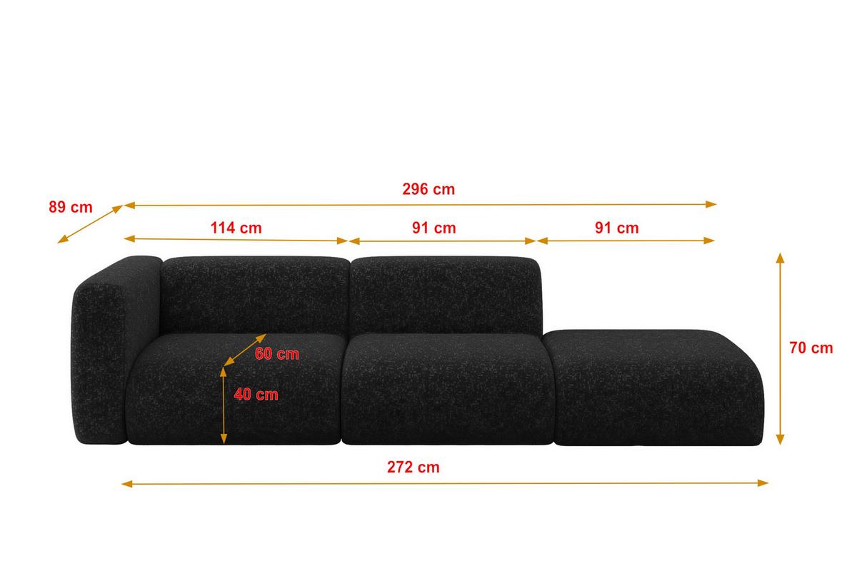 SOFA Ottomane Links MIRA-S3 296x89x70 Schwarz Velours - Schwarz, Holzwerkstoff/Kunststoff (296/70/89cm) - ALTDECOR