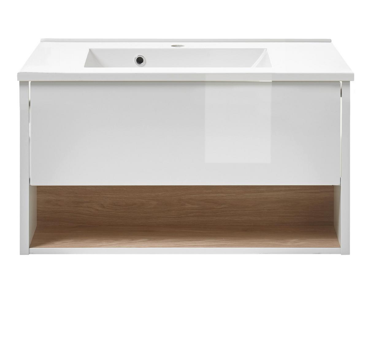 WASCHTISCH weiß Hochglanz, Eiche 80 cm, Waschbeckenunterschrank mit Waschbecken - Weiß Hochglanz, Holzwerkstoff (80/44/47cm) - Furn.Design