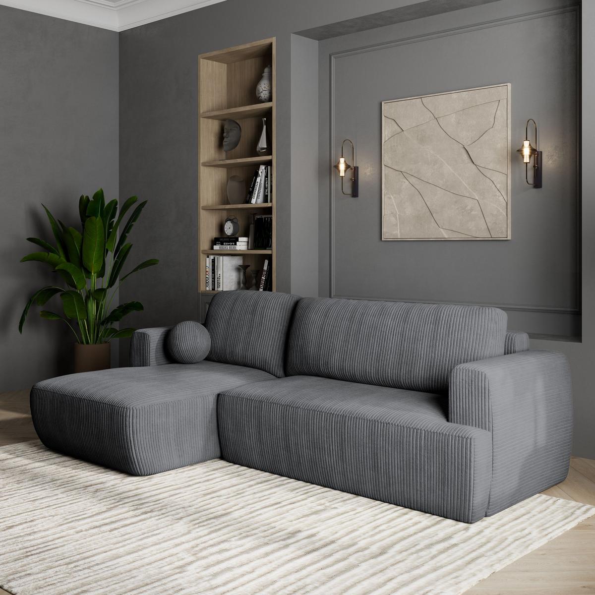 ECKSOFA SENTI P L-S Grau Kordstoff mit Schlaffunktion - Schwarz/Grau, Holz/Kunststoff (246/148cm) - MASSENO