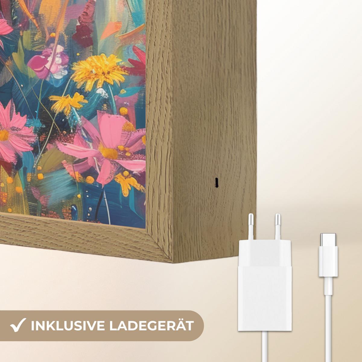 WANDLEUCHTE MIT AKKU Schottische Hochländer - Natur - Farbenfroh - Blumen 30x40 cm - Multicolor, Holzwerkstoff (30/40/8cm) - OnlyWow