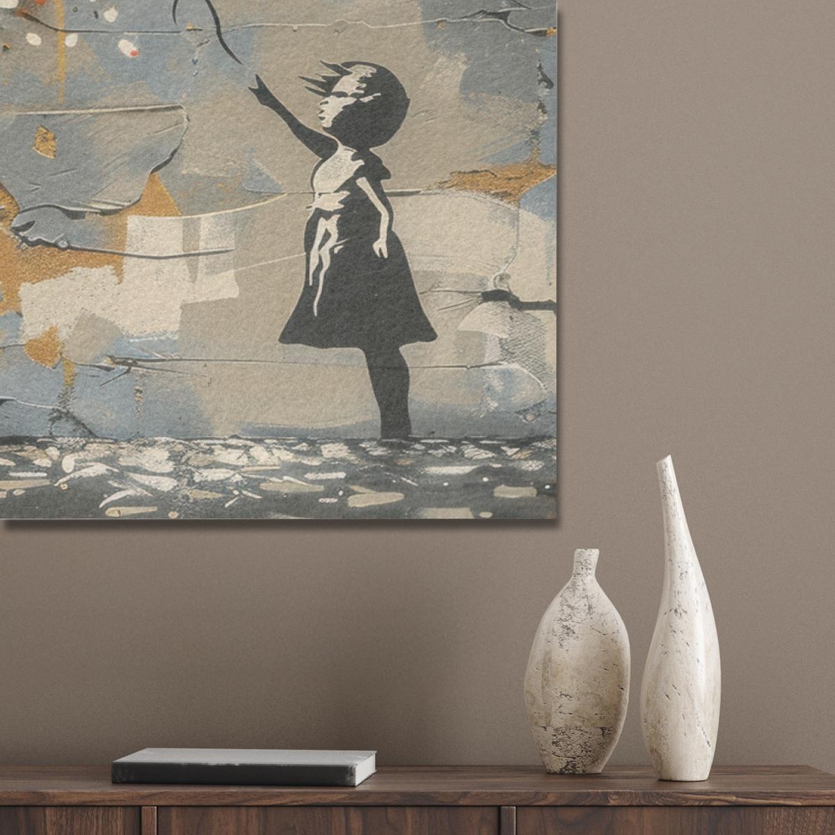 AKUSTIKBILD Baum - Graffiti - Banksy-Stil - Ballon-Mädchen Wandbild Wohnzimmer 100x70 cm - Blaugrau, Kunststoff (100/70/0.9cm) - MuchoWow