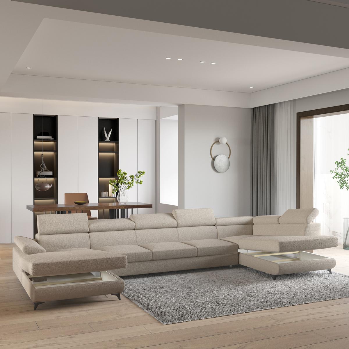 WOHNLANDSCHAFT MONTIVA Beige Boucle-Stoff mit Schlaffunktion - Beige, Holz (410/89/190cm) - MASSENO