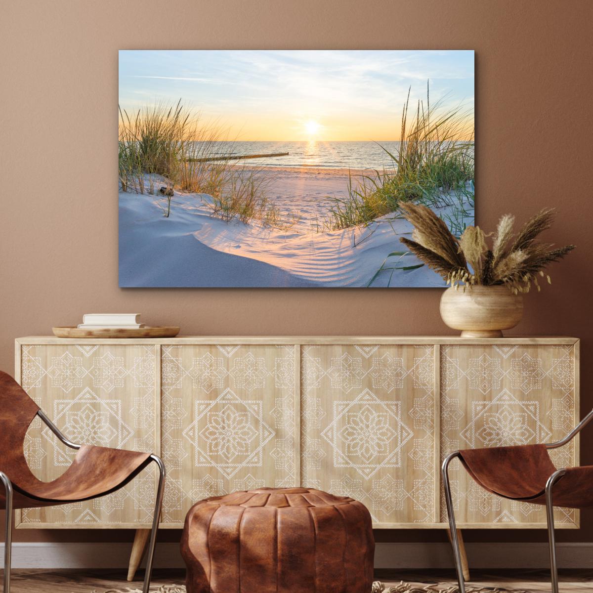 METALLBILD Strand - Sonne - Düne - Gras - Sand - Horizont Deko Groß 120x80 cm - Hellblau, Metall (120/80cm) - MuchoWow