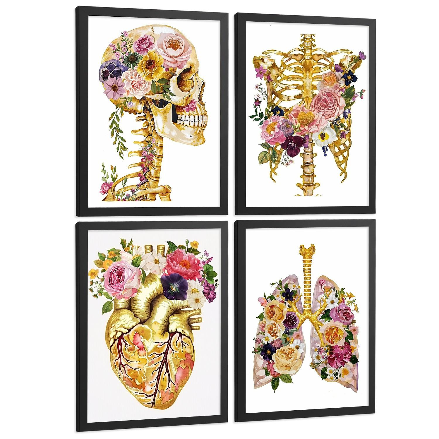 POSTER Set aus 4 Anatomie Mensch Drucke und Wandbilder mit Schädel Skelett Herz und Goldene Lungen Wanddekoration Größe Schwarzer Rahmen A3 - Schwarz, Papier (29.7/42/3cm) - Nacnic