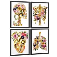 POSTER Set aus 4 Anatomie Mensch Drucke und Wandbilder mit Schädel Skelett Herz und Goldene Lungen Wanddekoration Größe Schwarzer Rahmen A3 - Schwarz, Papier (29.7/42/3cm) - Nacnic