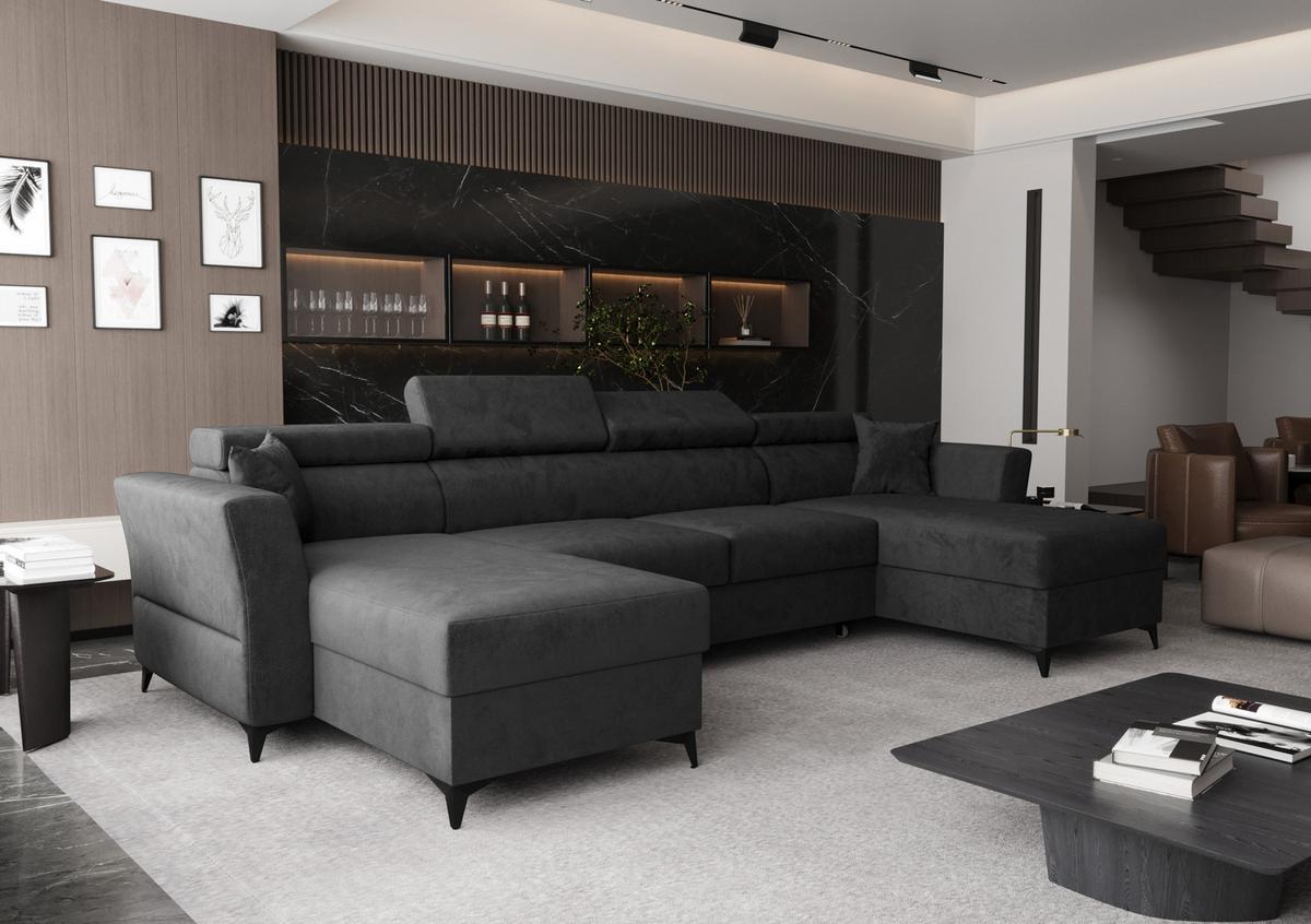 WOHNLANDSCHAFT Ribella Anthrazit 345/180/100 cm mit Schlaffunktion - Schwarz/Grau, Textil/Metall (345/100/180cm) - AX Living
