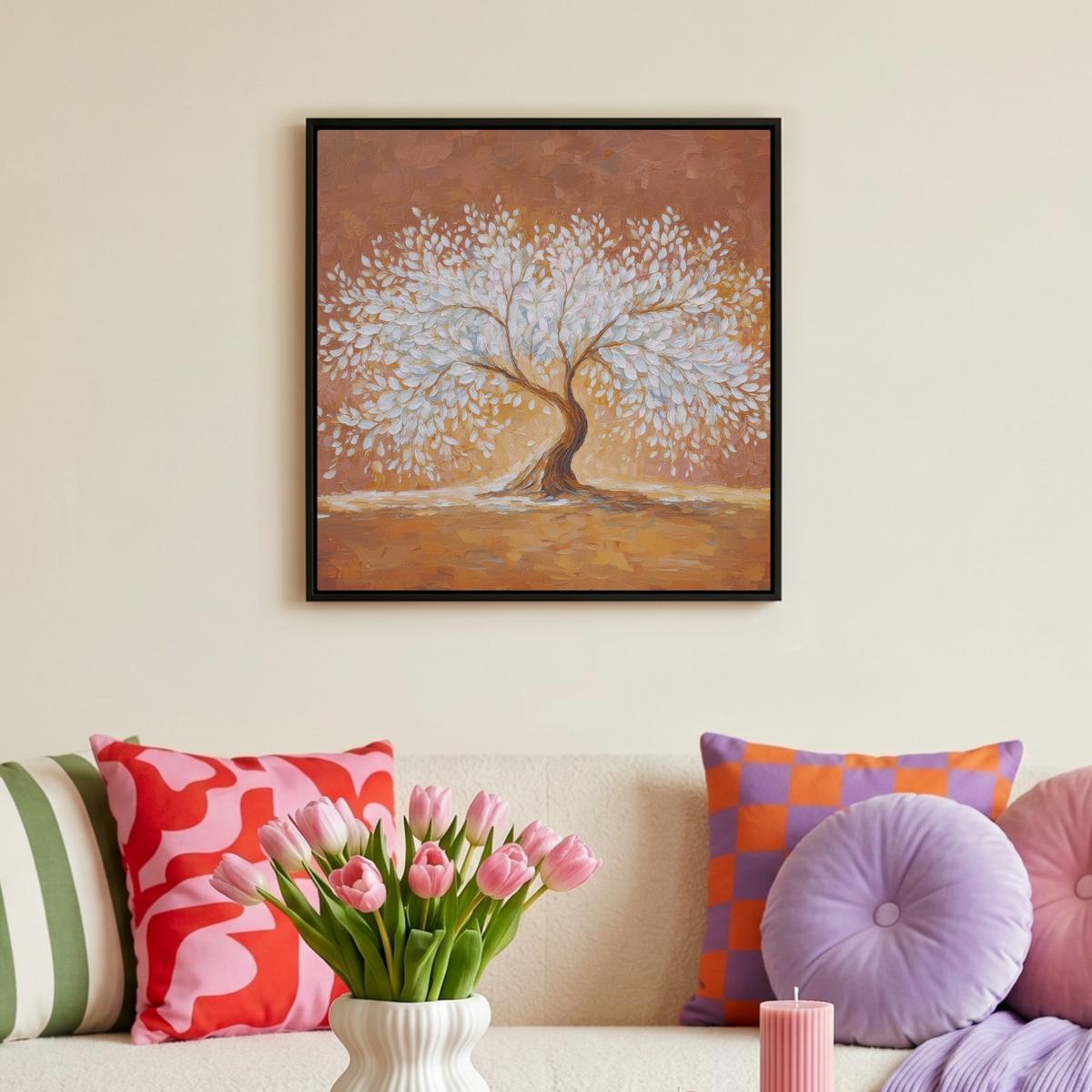LEINWAND Bilder mit Rahmen - Abstrakt - Baum - Weiß - Blätter - 50x50 - Braun, Textil (50/50cm) - MuchoWow