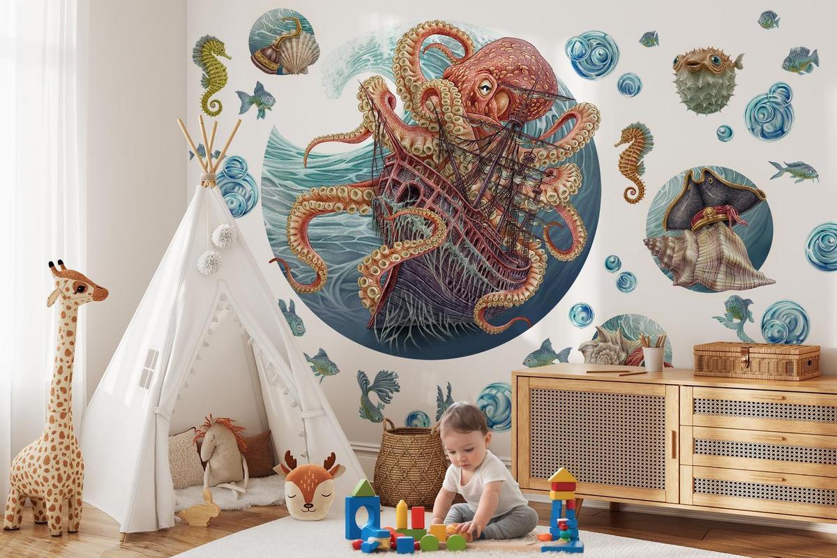 WANDAUFKLEBER 80x96cm - Die Unterwasserwelt des Oktopus - Multicolor, Kunststoff (80/96/0.1cm) - Wallfluent