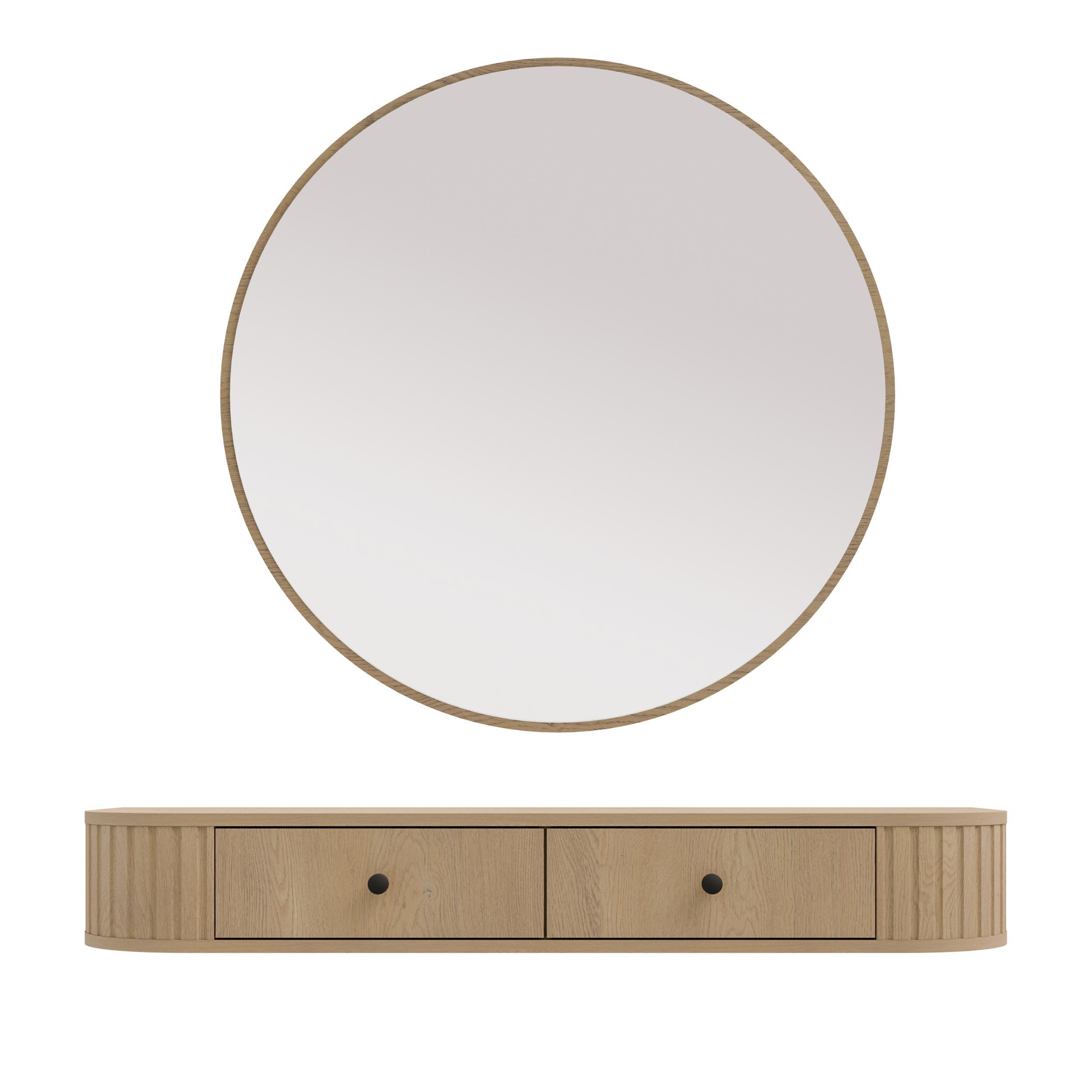 KONSOLENTISCH Halay Eiche Cremona 2 Schubladen mit runden Kanten + Rund Spiegel 100 cm - Eichefarben/Schwarz, Holzwerkstoff/Metall (35.9/123/17.5cm) - AX Living