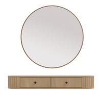 KONSOLENTISCH Halay Eiche Cremona 2 Schubladen mit runden Kanten + Rund Spiegel 100 cm - Eichefarben/Schwarz, Holzwerkstoff/Metall (35.9/123/17.5cm) - AX Living