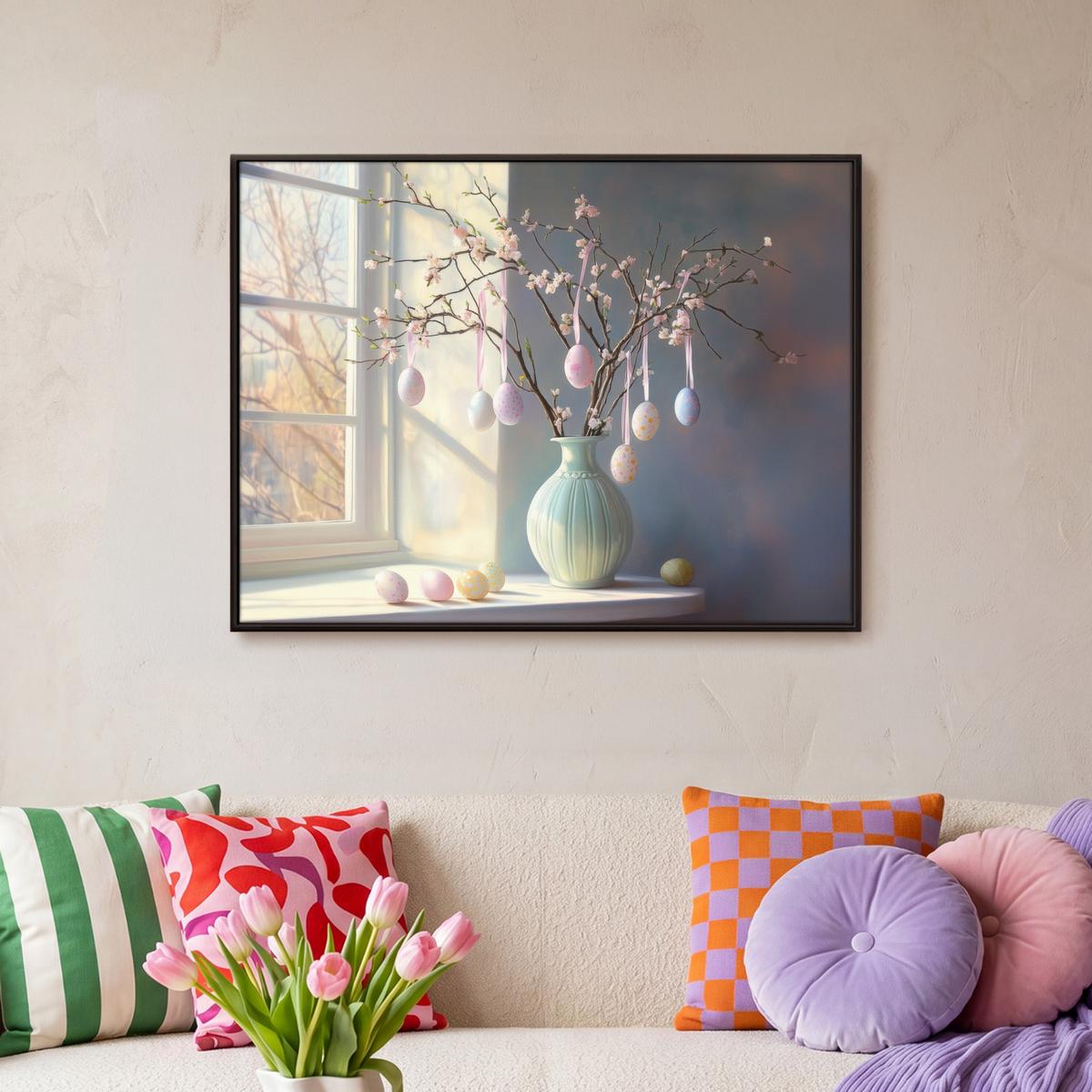 LEINWAND Bilder mit Rahmen - Stillleben - Vase - Osterzweig - 80x60 - Hellblau, Textil (80/60cm) - MuchoWow