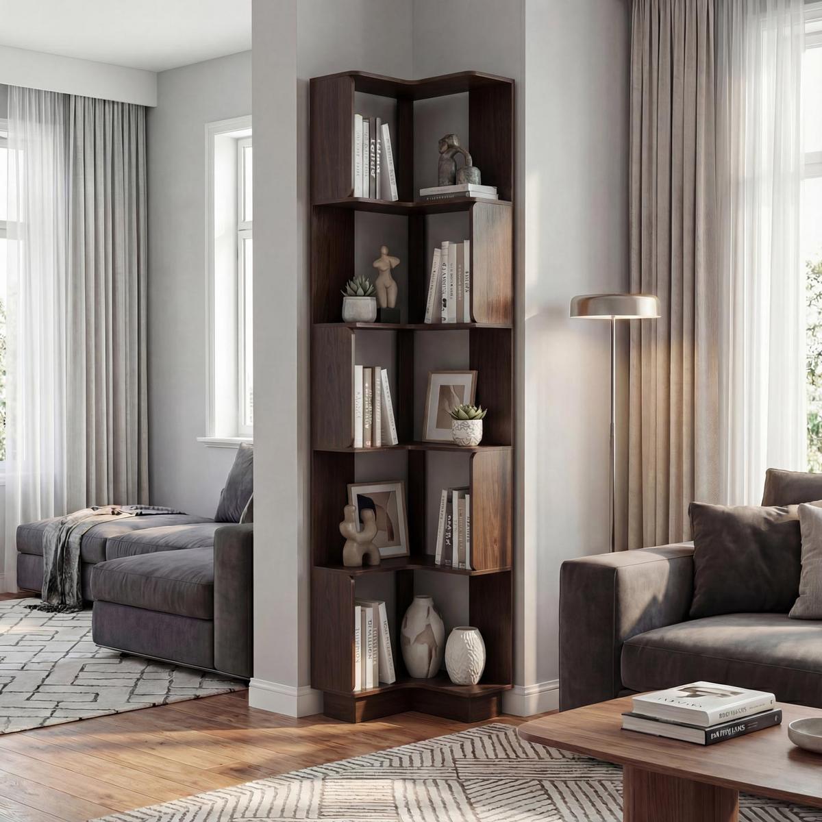 ECK-BÜCHERREGAL Walnuss Dekor - Walnussfarben, Holz (40/175/40cm) - MCW