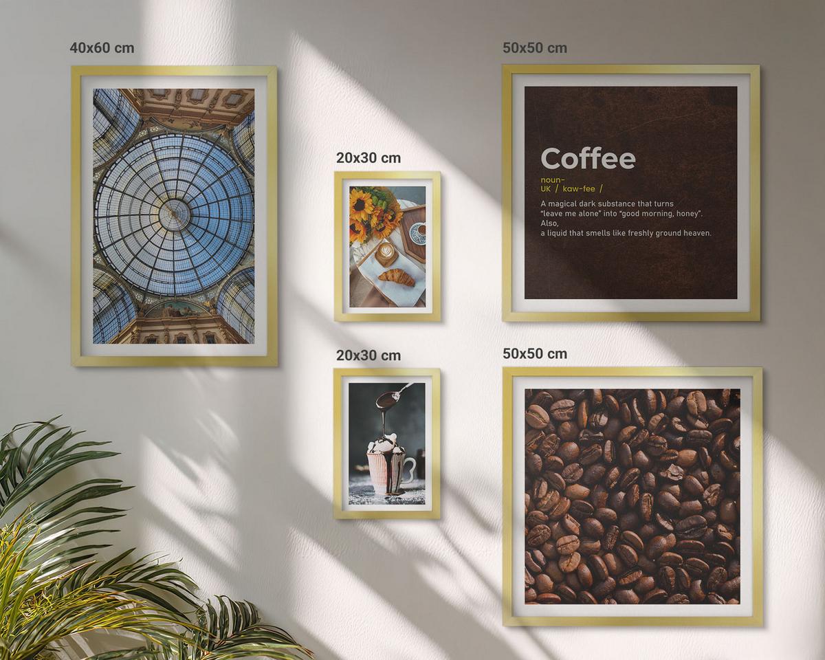 BILDER SET 5er Set - 50x50 cm & 20x30 cm & 40x60 cm Goldrahmen - Italienische Frühstückskaffeebohnen - Goldfarben, Kunststoff (40/60cm) - TULUP