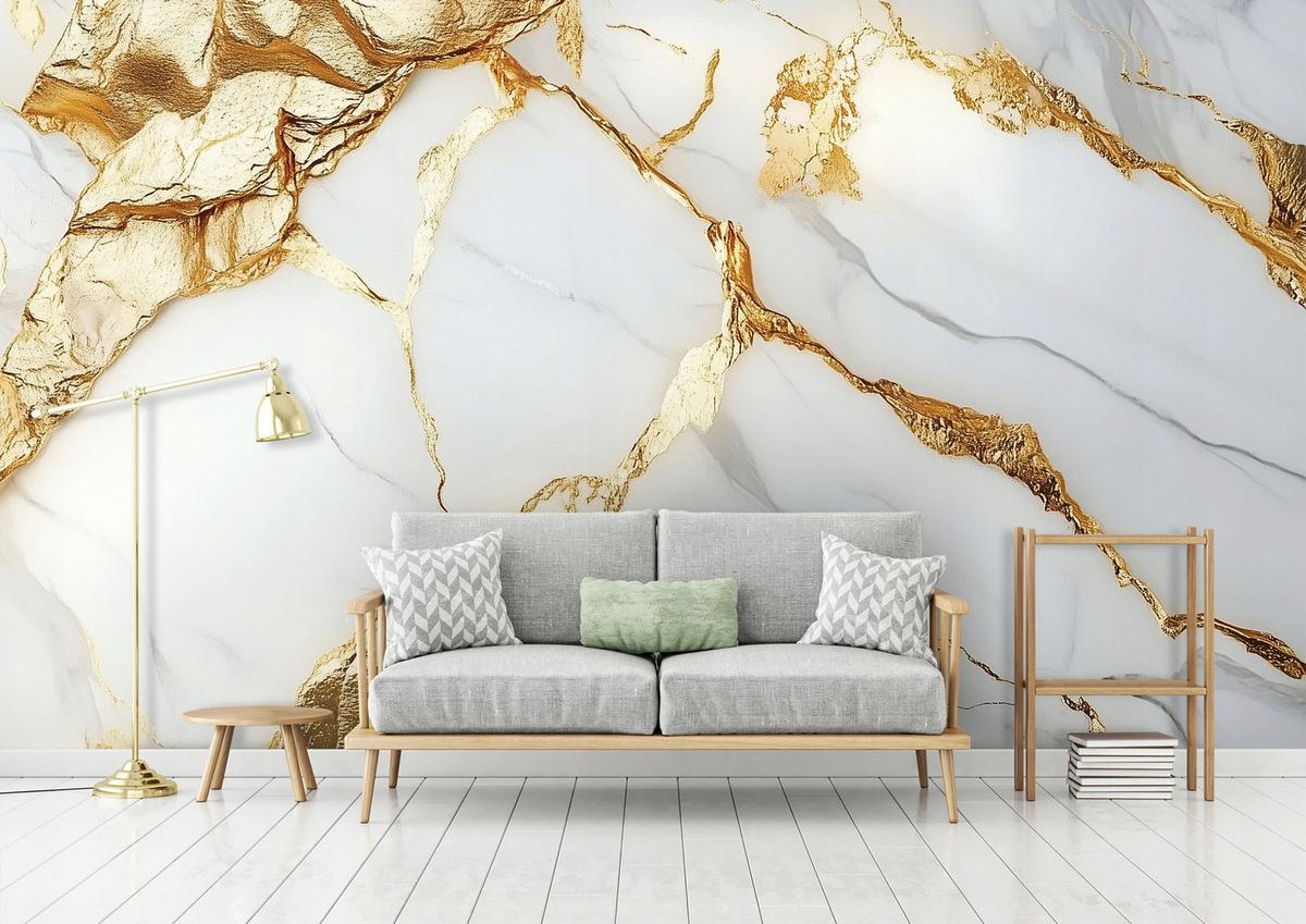 FOTOTAPETE Marmor Steinwand Gold Wohnzimmer 400x280 - Multicolor, Papier (400/280cm) - Wallarena