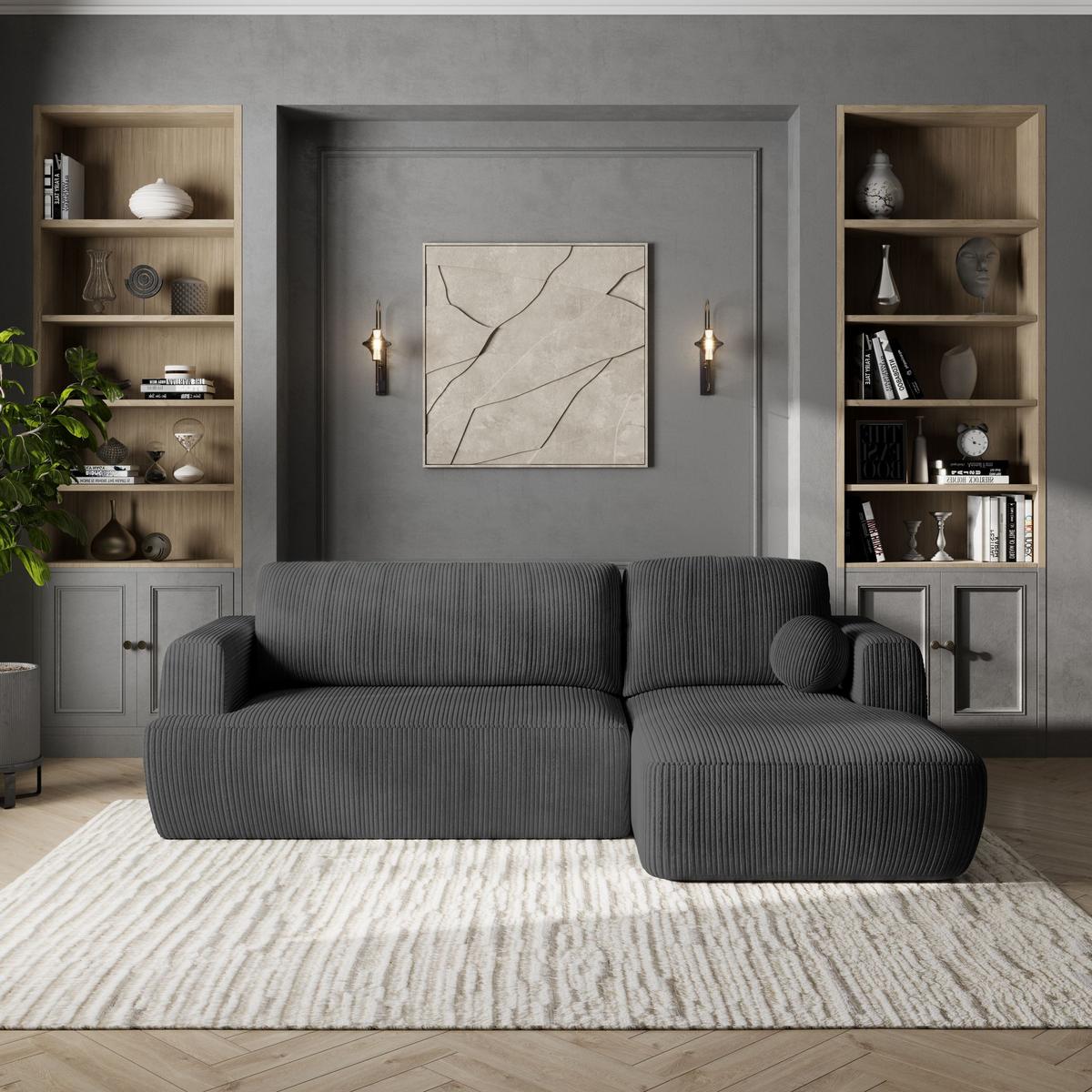 ECKSOFA SENTI P R-S Graphitfarben Kordstoff mit Schlaffunktion - Graphitfarben/Schwarz, Holz/Kunststoff (246/148cm) - MASSENO