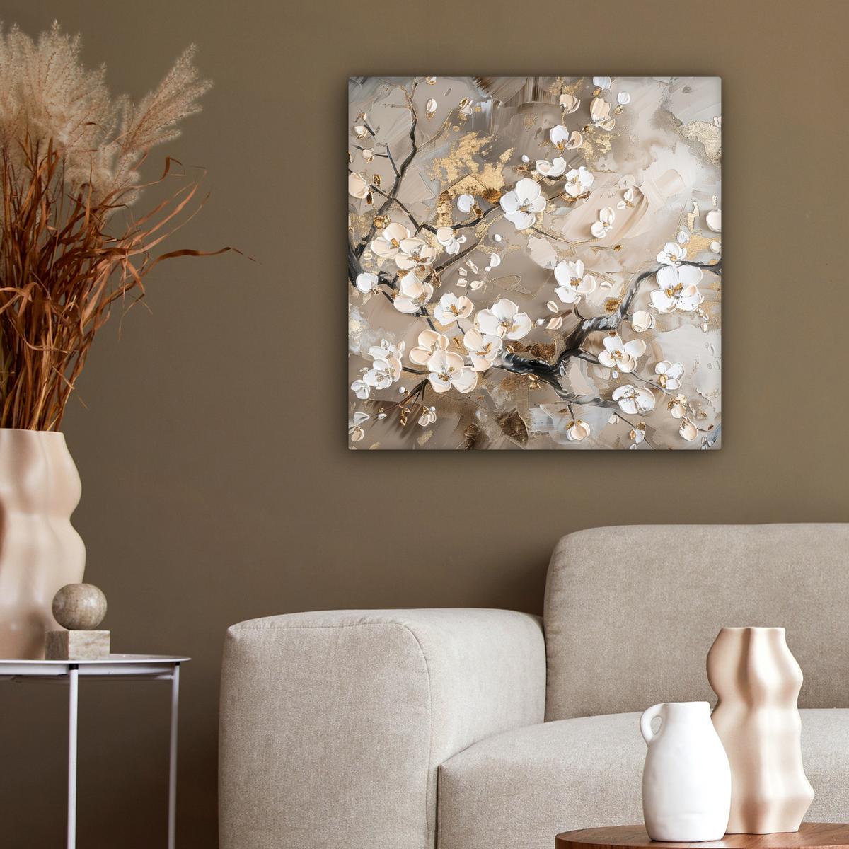 LEINWANDBILD Blumen - Weiß - Gold - Beige - Luxus Wandbild Wohnzimmer 50x50 cm - Greige, Textil (50/50cm) - MuchoWow