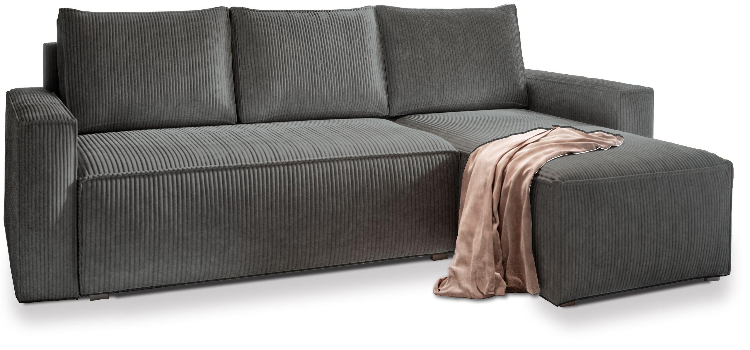 ECKSOFA POTARO Grau Kordstoff mit Schlaffunktion - Grau, Holz/Kunststoff (232/140cm) - MASSENO