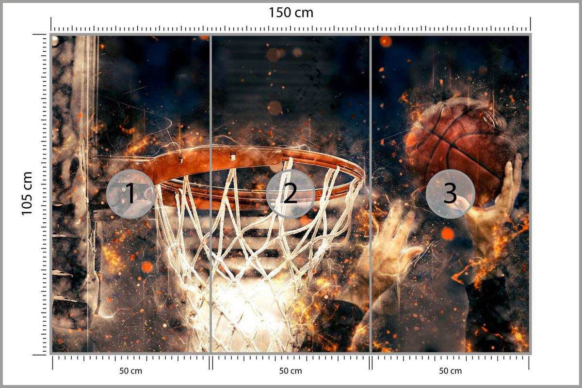 FOTOTAPETE für Jugendzimmer Aquarell Basketball Dunk Sport 150x105 - Beige/Schwarz, Papier (150/105cm) - Muralo