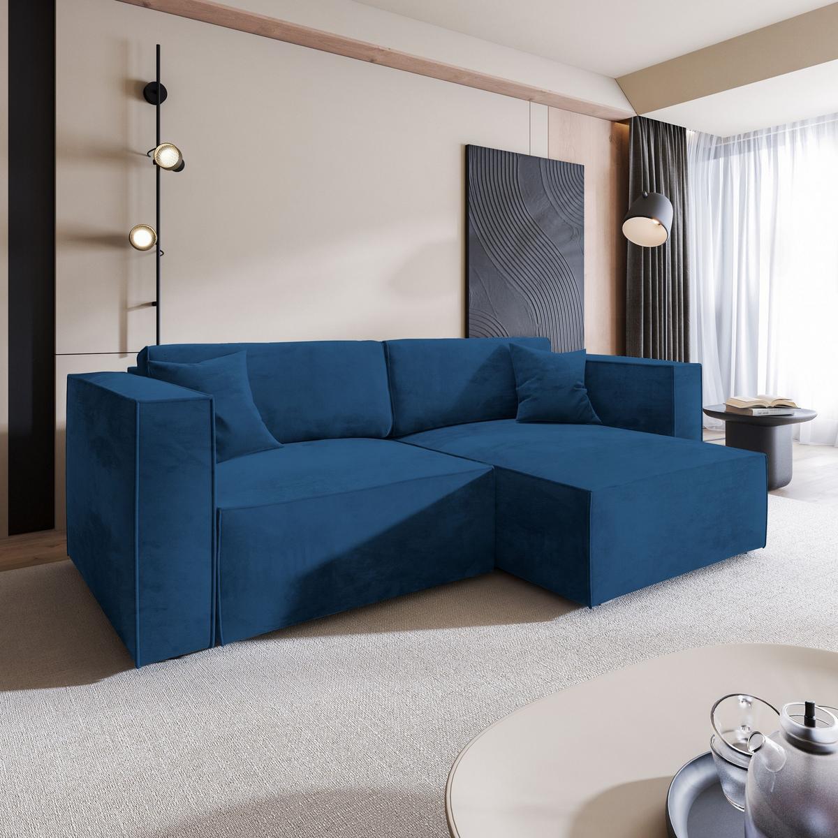 ECKSOFA NERIO M Blau Velours-Stoff mit Schlaffunktion - Blau/Grau, Holz/Kunststoff (245/148cm) - MASSENO