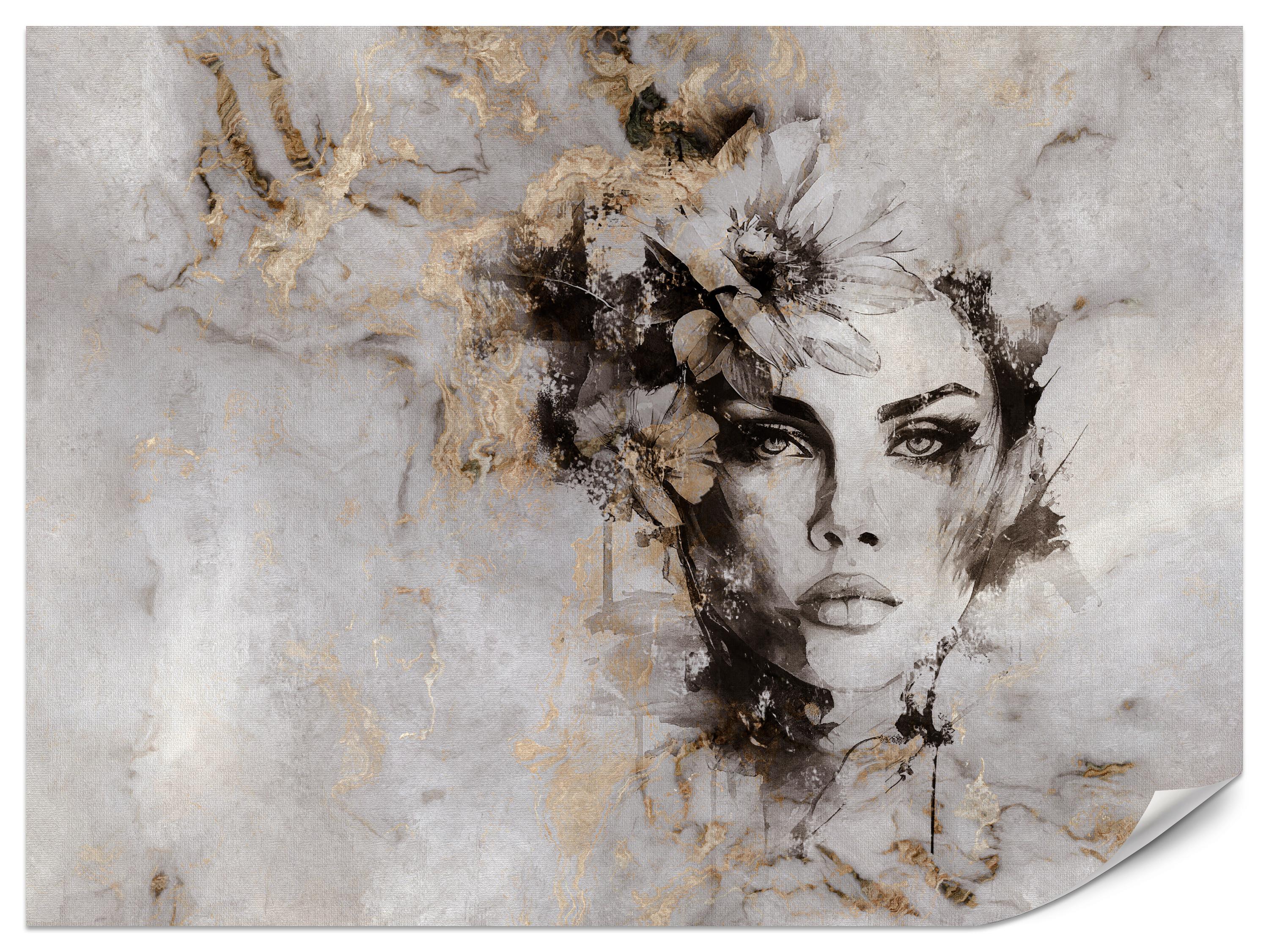 FOTOTAPETE für Wohnzimmer Frau Porträt Beton Blumen Modern 450x315 - Gelb/Beige, Papier (450/315cm) - Muralo