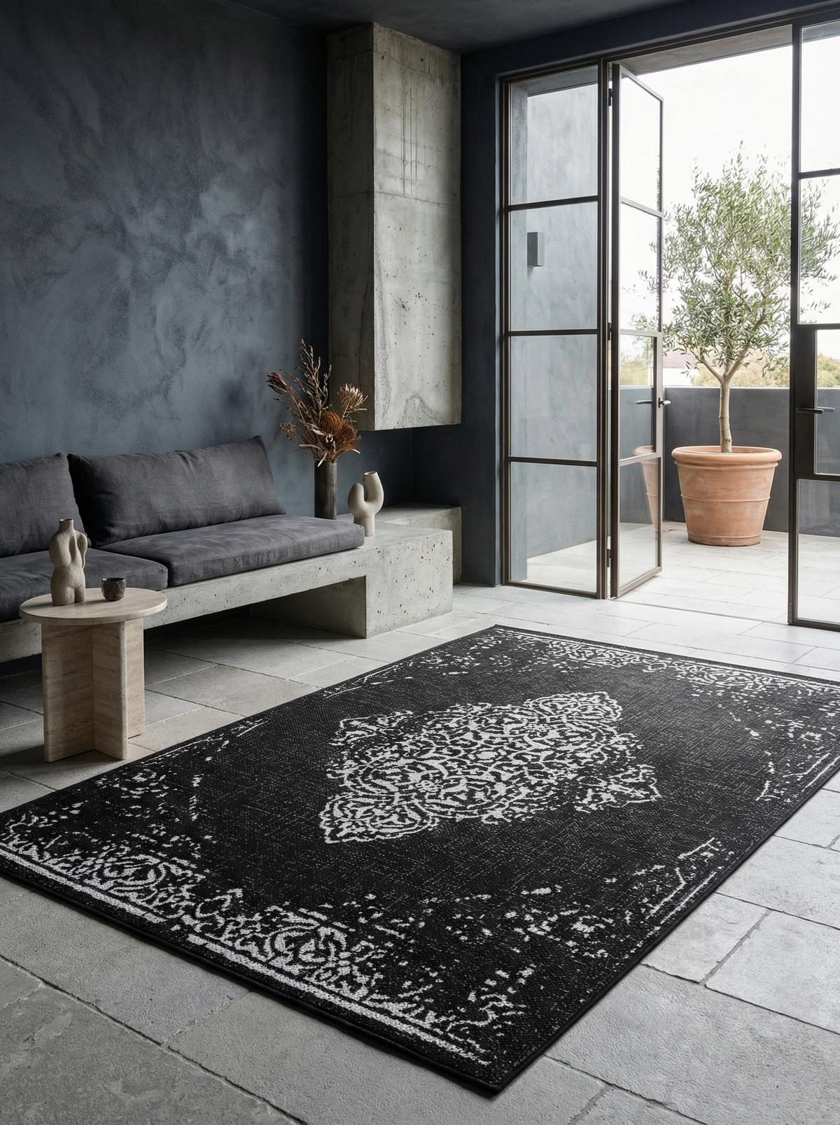 TEPPICH Outdoor SARNTAL in Schwarz, im Vintage-Stil, aus Polypropylen, 120 x 170 cm - Schwarz, Textil (120/170cm) - KADIMA DESIGN