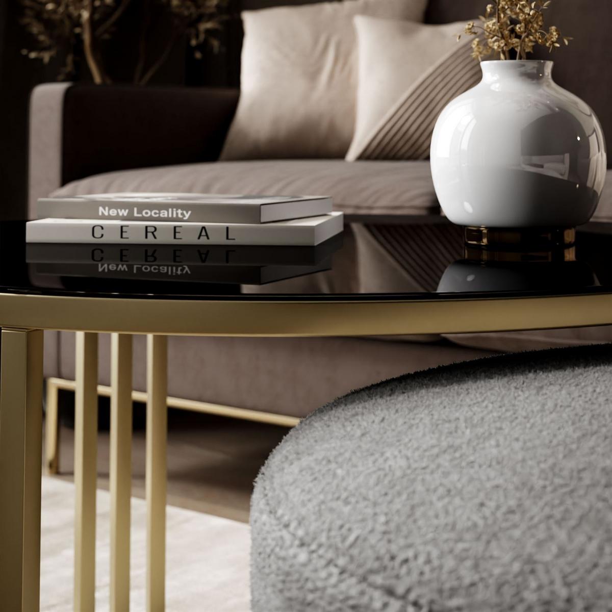 COUCHTISCH mit Hocker LORI GLASS gebürstetes Gold/schwarzes Glas/Perfect Harmony 82 - Schwarz, Metall (70/70/49cm) - Lookway